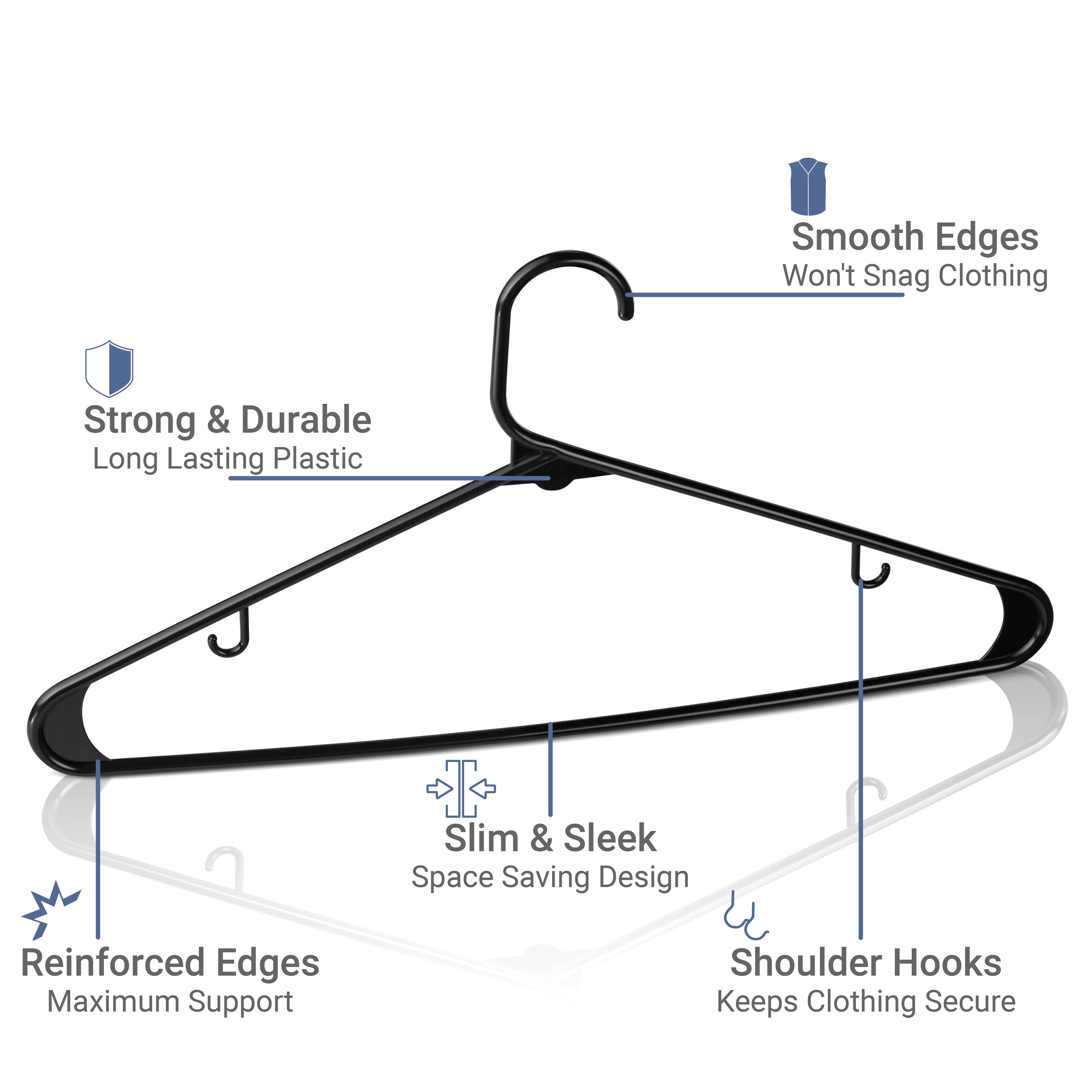 ELONG HOME Black Plastic Thin Hangers for Clothes, 20 Pack Upgraded  Rubberized Hangers Non Slip, Durable Slim Clothing Notches Hangers, 17.7  Inches