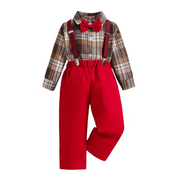 GYRATEDREAM Baby Toddler Baby Boys Christmas Gentleman Plaid Print Outfit Bow Tie Shirt Suspender Pant Clothes Sets Infant Dress Suit Wedding Outfit for 12-18M Red