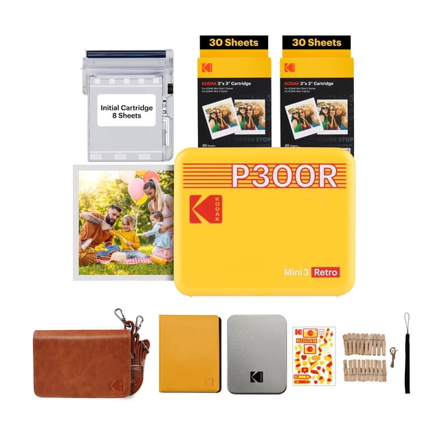 KODAK Mini 3 Retro 4PASS Impresora de Fotos Portátil (7,6x7,6cm) + Pack de Regalo con 68 Hojas, Amarillo