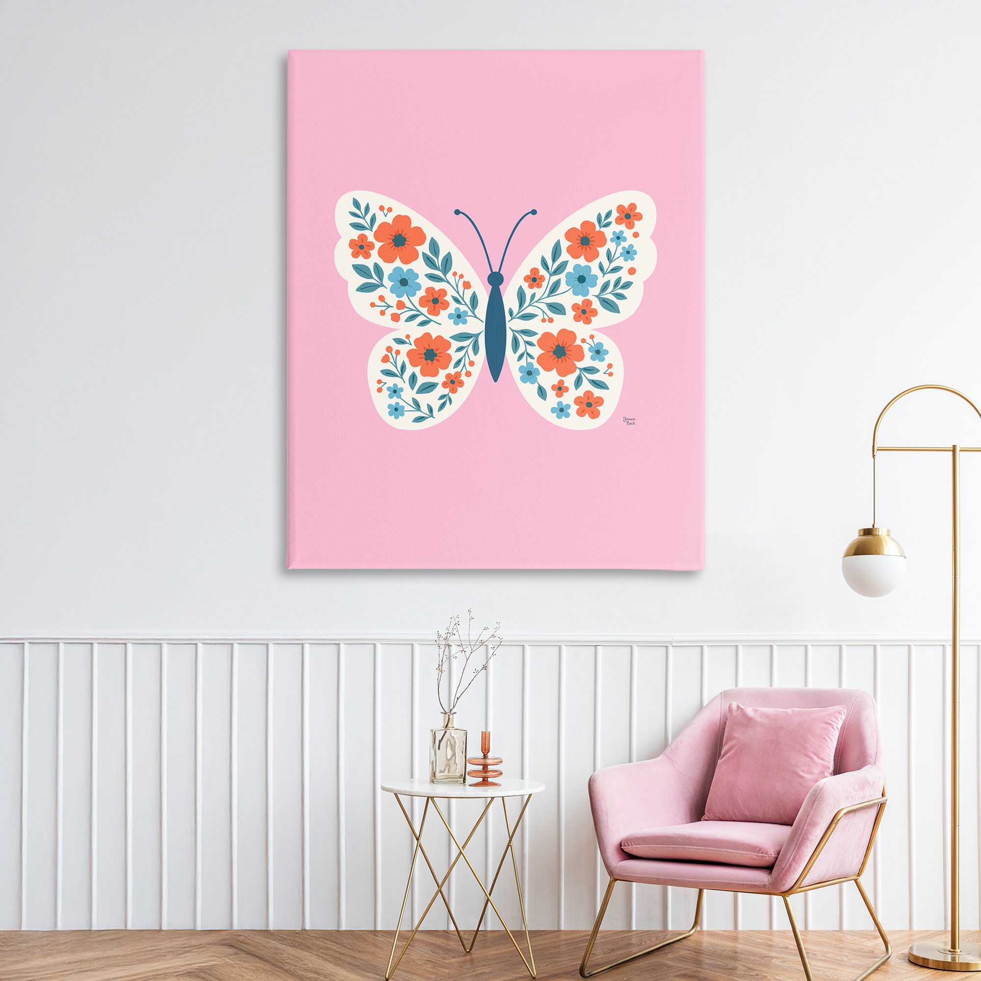 Boho Pink Floral Butterfly Canvas Wall Art, design by Jessica Beck