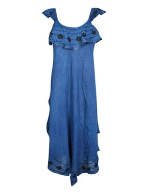 Mogul Womens Blue Uneven Sundress Rayon Sleeveless Style Floral Embroidered Tank Dress S/M