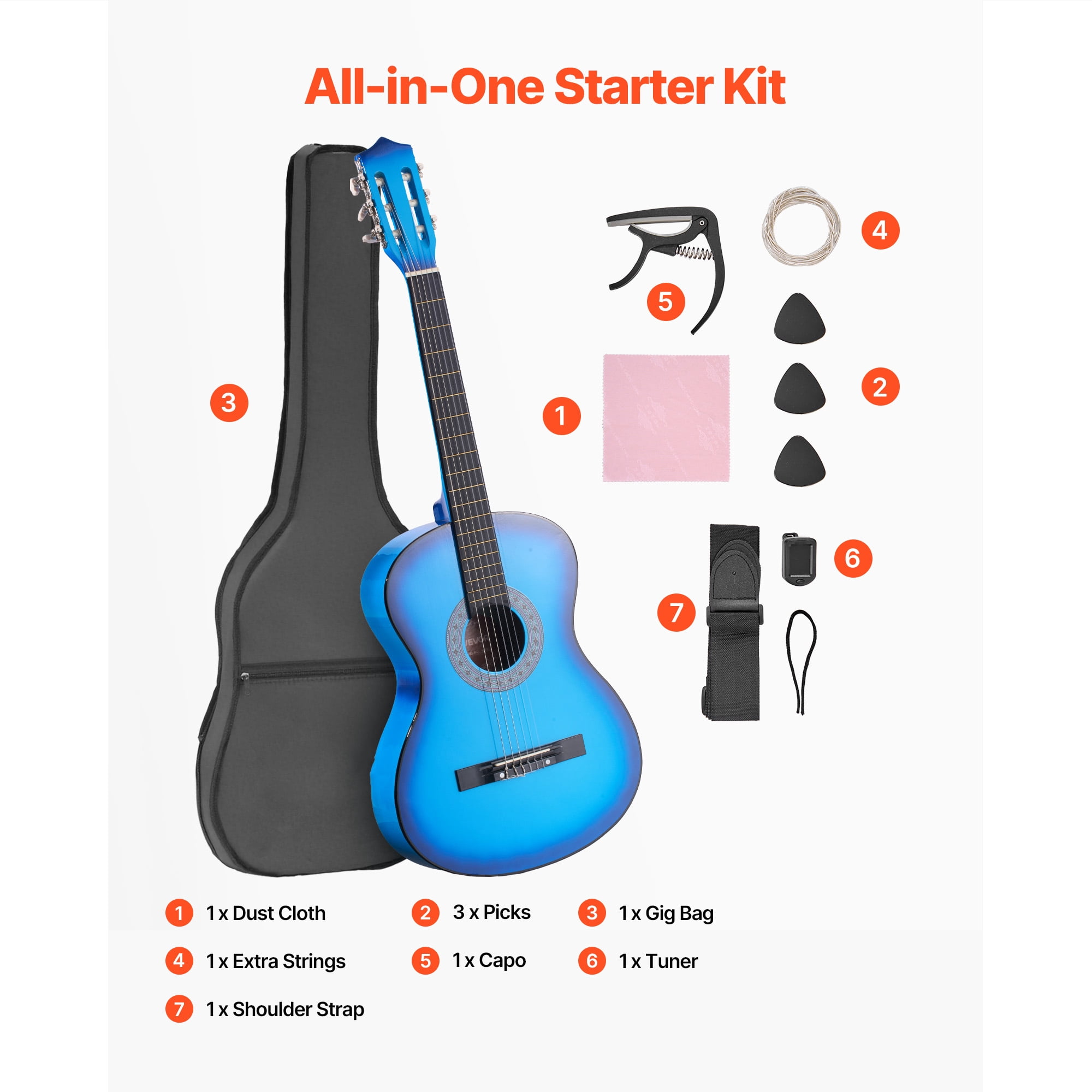KFFKFF 38-Inch Classical Guitar Starter Set, Wooden Acoustic Guitar for Beginners, Includes Nylon Strings, Carry Bag, Strap, Tuner, Spare Strings, Picks, Capo, Ideal for Teens, Adults, and Students