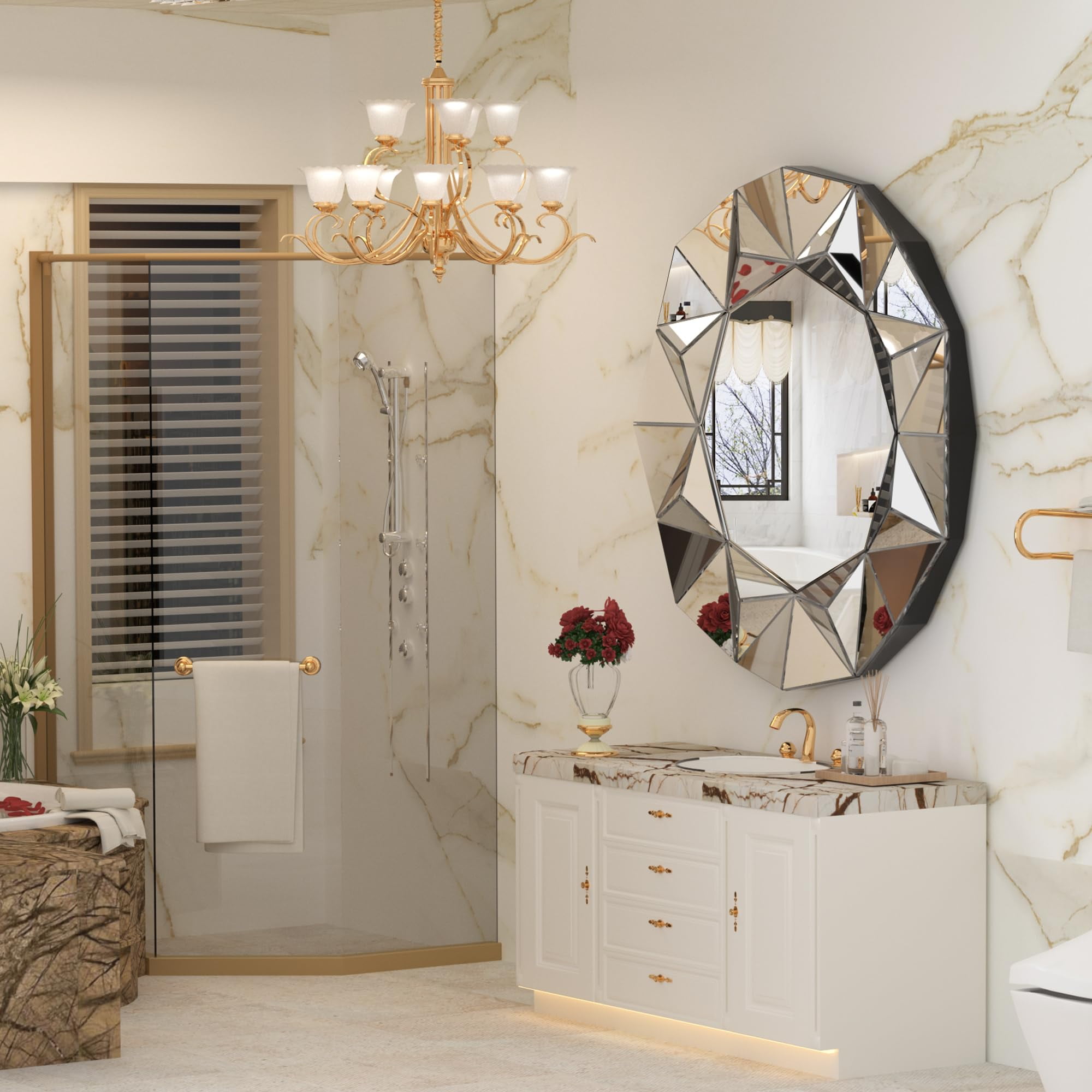 Hasipu 32" Round Wall Mirror, Decorative Frameless Vanity Mirror with Beveled Edge for Living Room, Entryway, Bathroom Decor