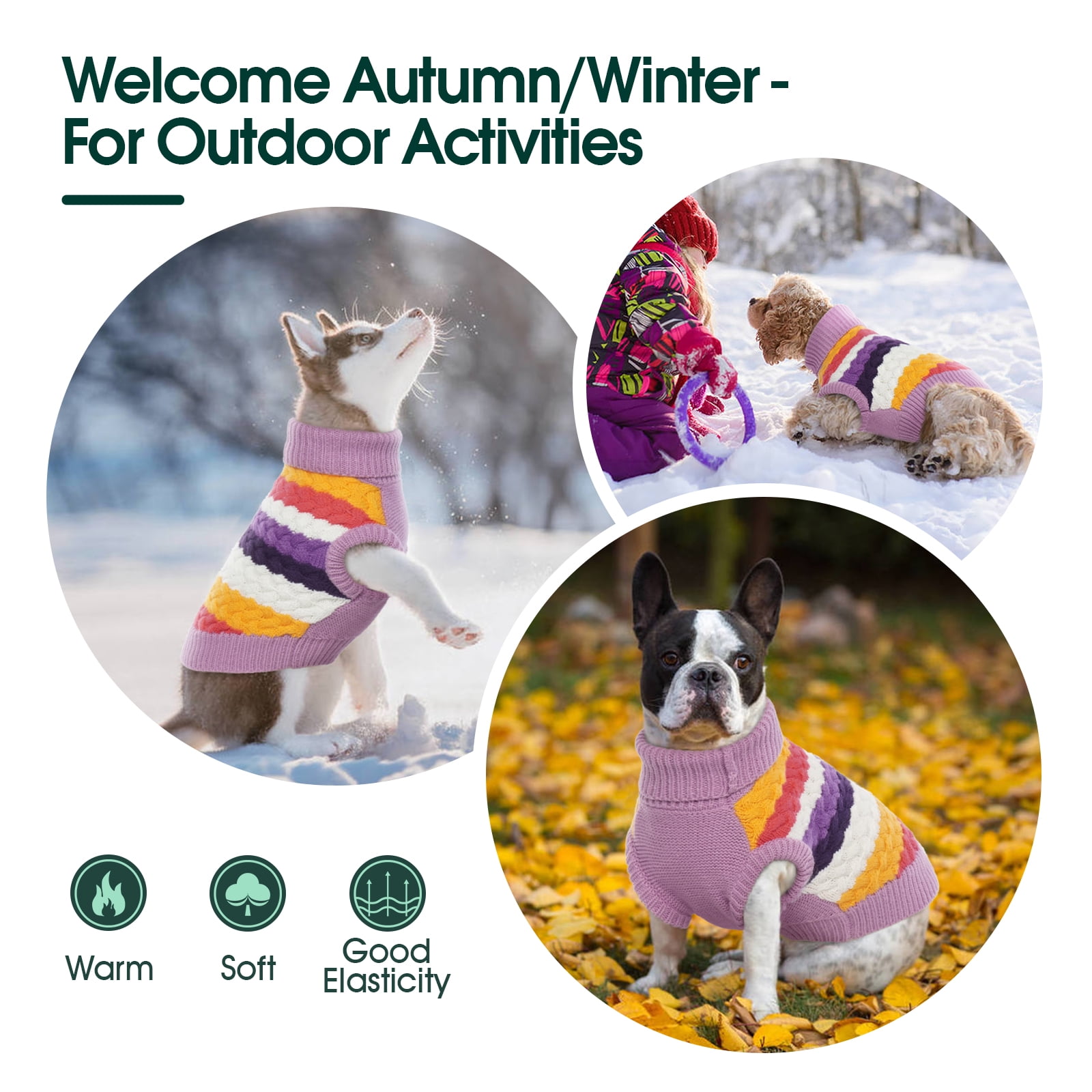 Kuoser Dog Sweater Warm Pet Knitwear Soft Winter Clothes for Dogs and Cats, Purple, M