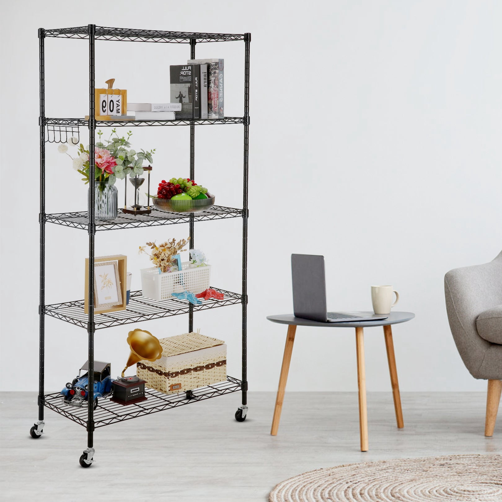 Sailvan 5-Tier Heavy Duty Metal Shelving Unit with Wheels, 900LBS Adjustable Wire Storage Rack for Garage, Pantry & Kitchen,Black