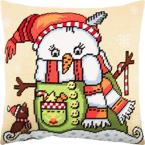 Snowman. Needlepoint Kit. Throw Pillow 16×16 Inches. Printed Tapestry  Canvas, European Quality