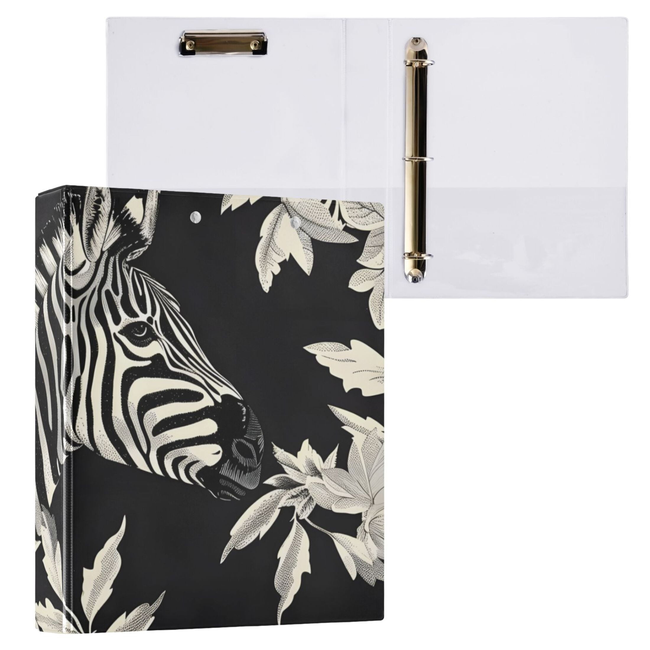 Zebra and Leaves 3 Ring Binders 1.5 inch Hardcover File Folders with Interior Pockets A4 Size Organizer for School Office Hospital