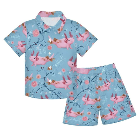 joogoo Boy Shorts Set Cute Axolotls Blue 2 Piece Short Sleeve Button Down Hawaiian Shirt Shorts 5-6T