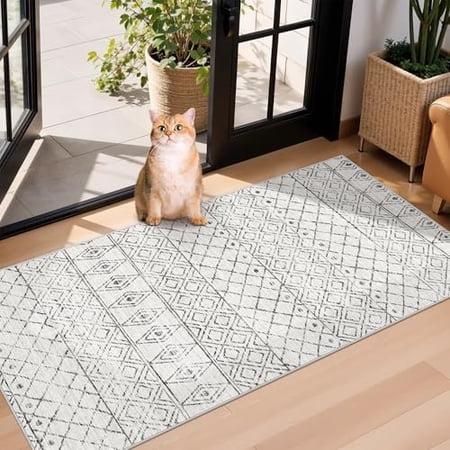 2x4 Runner Rug for Hallway: Washable Non-Slip Moroccan Rugs for Kitchen Entryway Bedroom - Soft Stain Resistant Easy Clean Mat for Family with Pets 2x4 Geo Grey