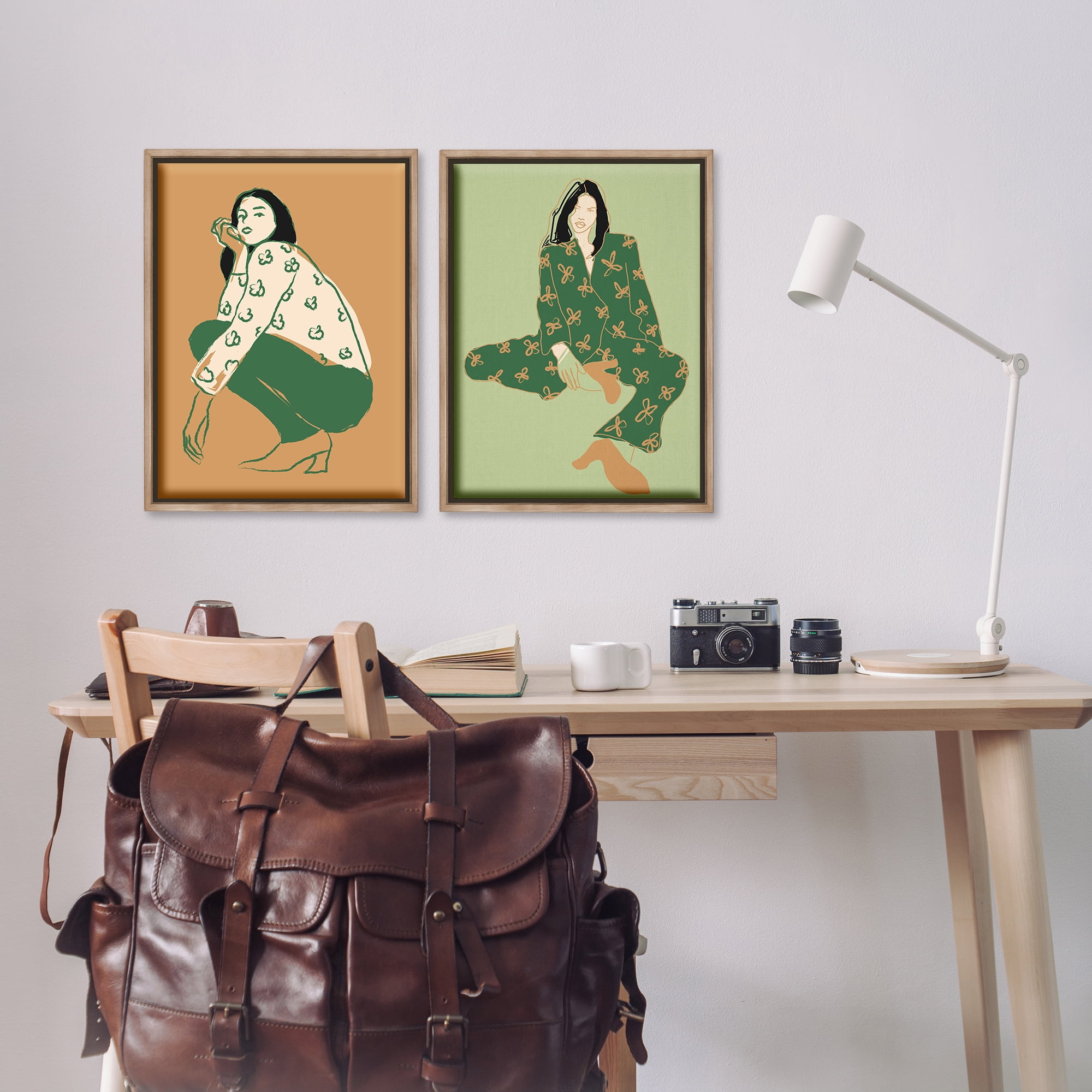 Stupell Industries Woman Stooping Sitting Pose People Painting Brown Floater Framed Canvas Art Print Wall Art, 17 x 25, Set of 2