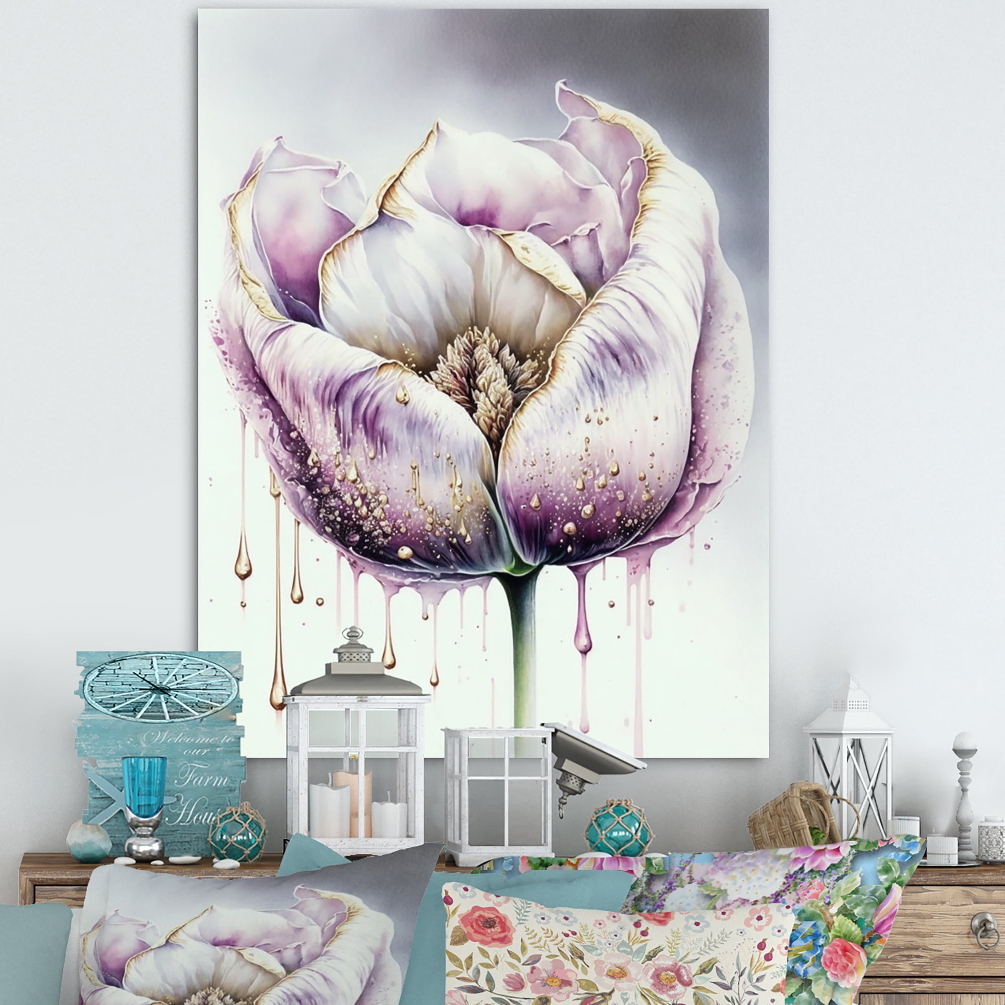 Designart Cream And Purple Tulip III Canvas Wall Art
