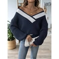 thumbnail image 4 of Womens Long Sleeve - Knit Pullover Tops Contrast Color Stitching V-Neck Pullover Sweater Hidden Blue S, 4 of 7