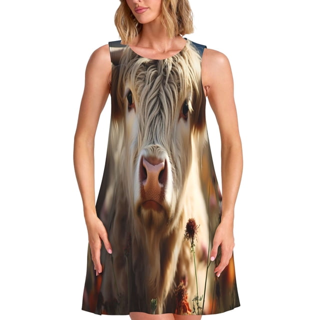 Balery Adorable Flower Field Cow Vestidos de verano para mujer con estampado: vestido holgado sin mangas, vestido playero informal y cómodo para días calurosos.