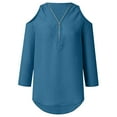 thumbnail image 4 of Pxiakgy Cold Shoulder 3/4 Roll Sleeve Tops for Women Loose Shirt Chiffon Zipper Long Sleeves Plus Size Tops Cold Shoulder Top Zip Front Shirts V Neck Blouses Tunic Top Light Blue L, 4 of 6