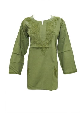 Mogul Womens Ethnic Tunic Blouse Green Floral Embroidered Bohemian Fashion Dress L