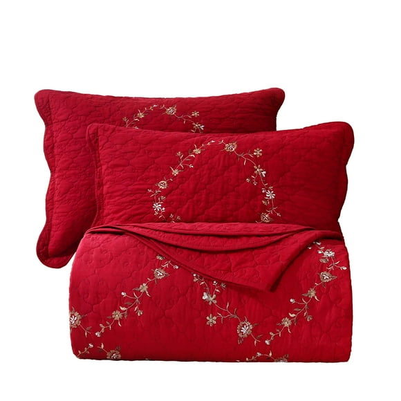 Juego de ropa de cama Vctops Full/Queen, juego de colcha de algodón con estampado floral rojo
