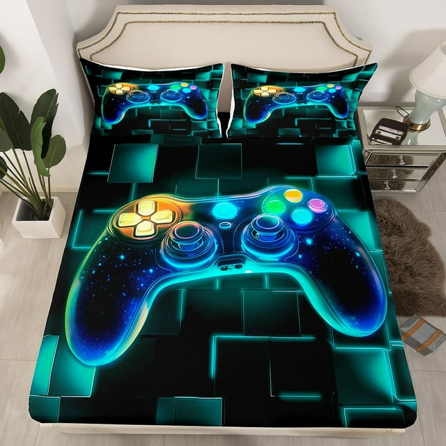 YST Gamer Bed Sheets Queen, Gaming Fitted Sheet For Kids, Video Games Controller Gamepad Sheets Neon Glowing Square Geometric Grid Bed Set