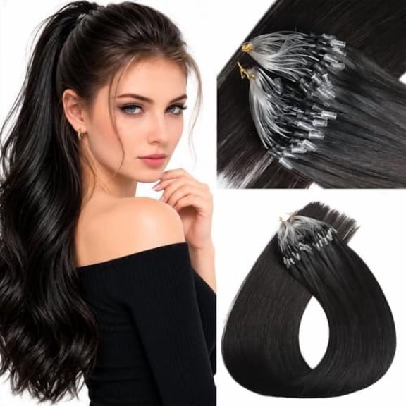 Link Hair Extensions Human Hair Black Bead Extensions | 57G 50S 18 Inch, Black Ring Hair Extensions, No Heat, look, Festival Styling, Adds Volume For any Occasions