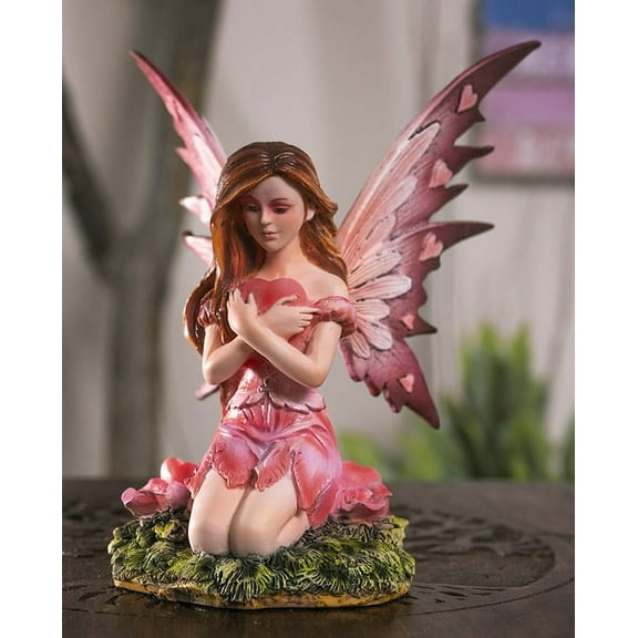 My Heart's Fancy Pink Flower Fairy With Giant Heart in Green Meadows Figurine