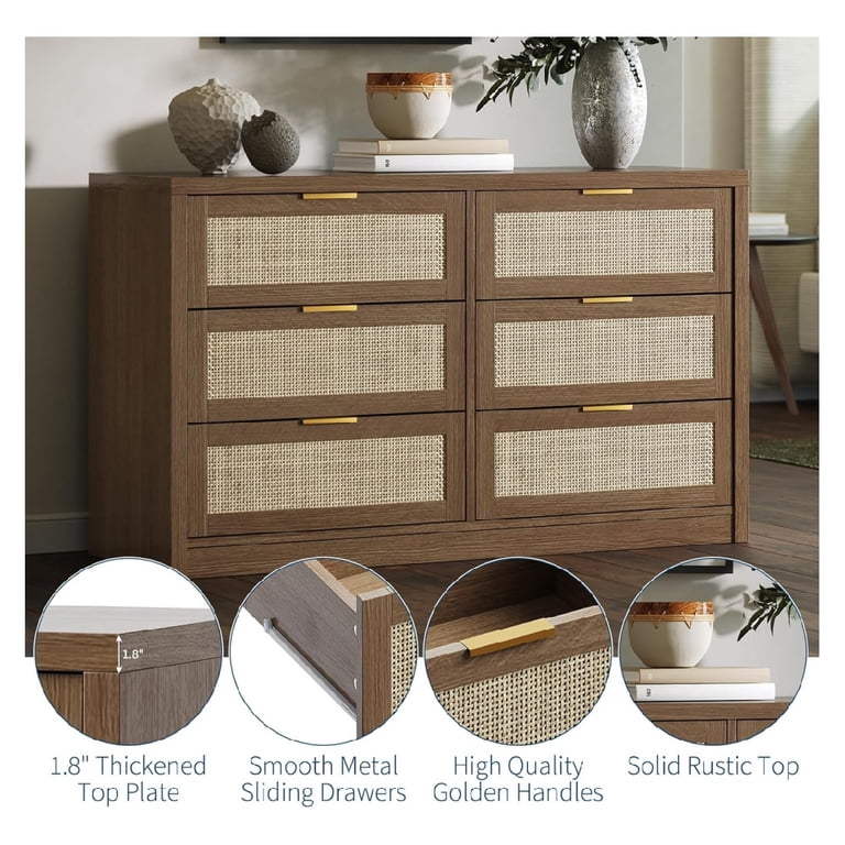 6 Drawer Dresser for Bedroom, 53" Rattan Chest of Drawers with Metal  Handle, Large Farmhouse Wood Closet Clothes Storage Organizer for Living  Room, ...