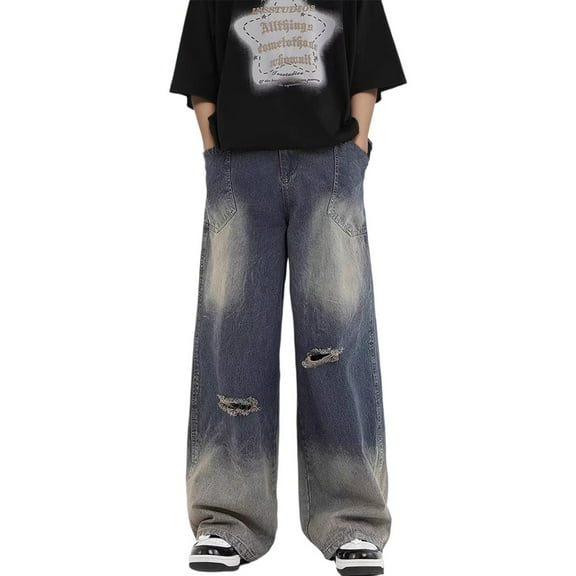 Luwomo Mens' Leisure Jeans Washed Light Distressed Baggy Loose Fit Straight Wide Leg Trousers High Waist Retro Streetwear Regular Denim Pants Blue,L