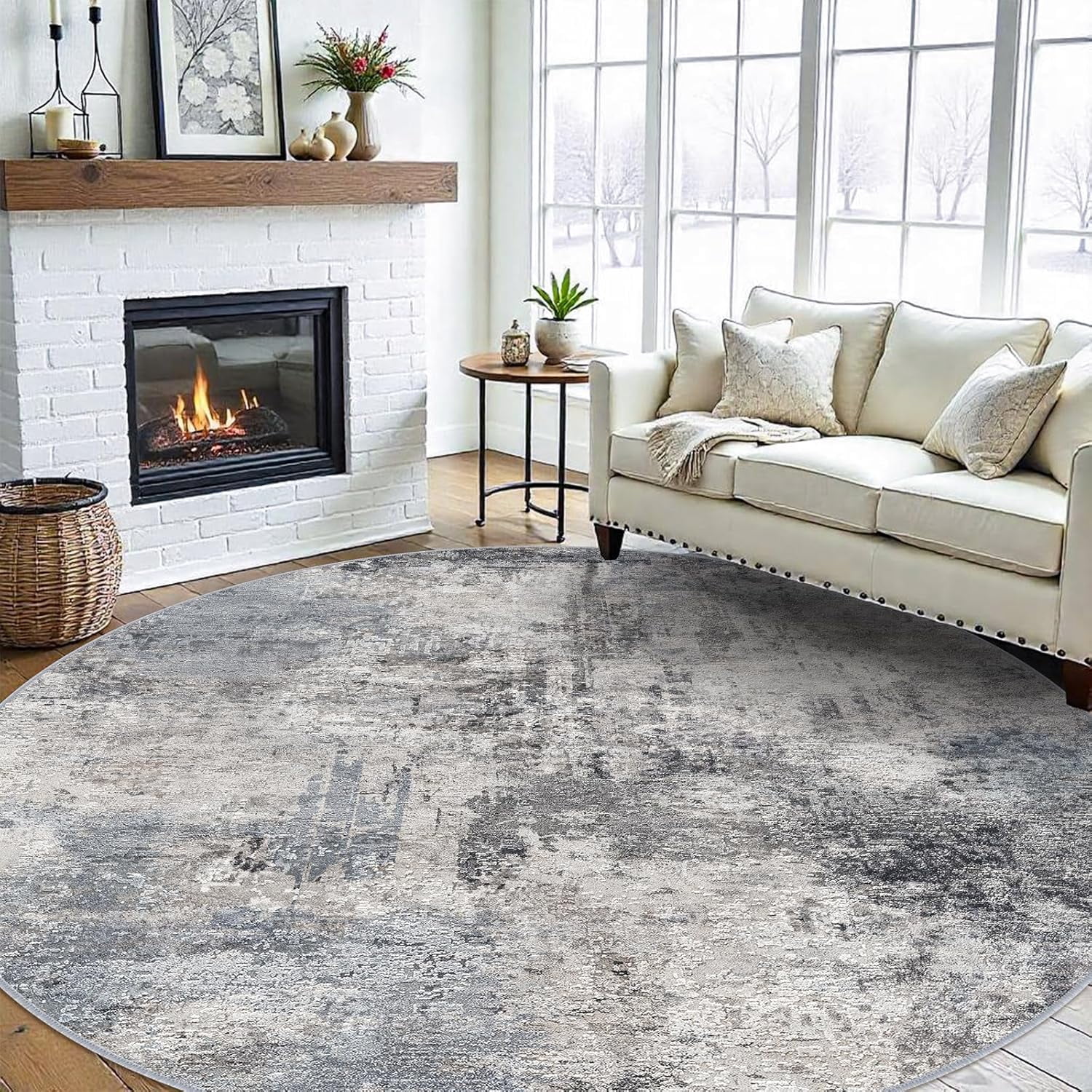YOUFORTONG 9ft Round Washable Abstract Area Rug, Modern Low Pile Carpet, Soft Non-Slip Stain Resistant Indoor Mat for Living Room Bedroom Dining Room,Blue