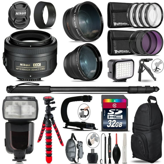 Nikon AFS 35mm 1.8 + Pro Flash + LED Light + Tripod - 32GB Accessory Bundle (International Version)