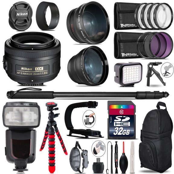 Nikon AFS 35mm 1.8 + Pro Flash + LED Light + Tripod - 32GB Accessory Bundle (International Version)