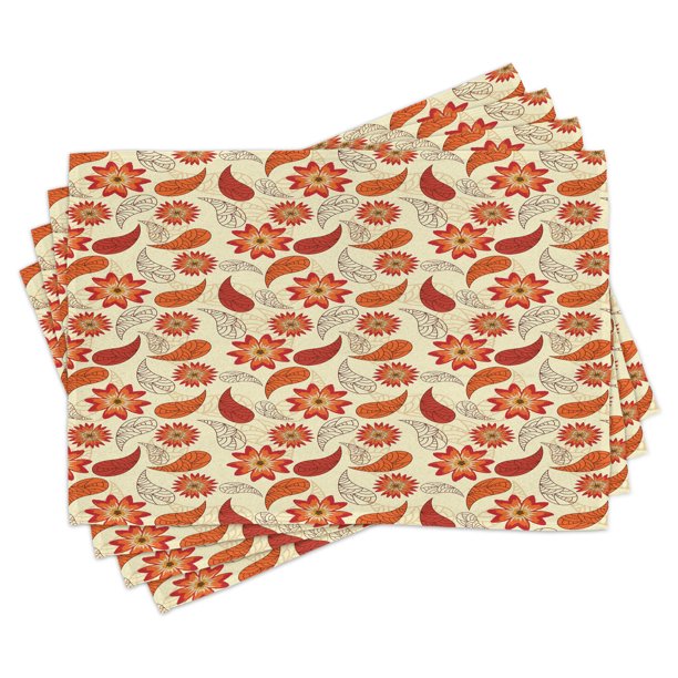 Orange Placemats Set of 4 Red Poppy Flowers in Retro Style and Leaves
