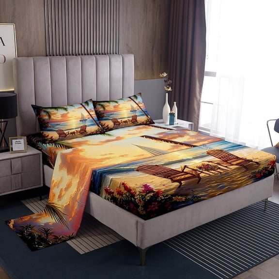 Erosebridal Hawaii Beach Bed Sheets Set Twin Size, Summer Holiday Bedding Twin Size, Romantic Sunset Sheet Set Twin, Super Cozy Room Decoration, 3pcs