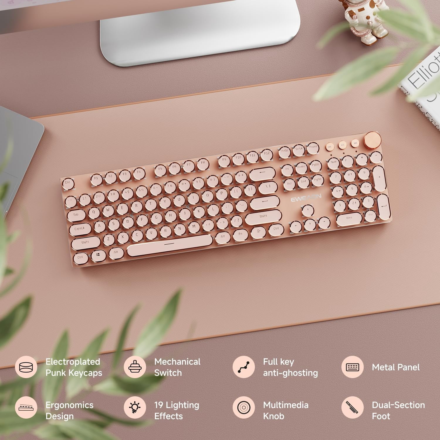 Typewriter Style Mechanical Gaming Keyboard, Wired Mechanical Keyboards,104 Keys Backlit LED Keyboards, Media Control Knob, Wired Computer Keyboard Pink Switch for Windows/Mac/PC-Purple