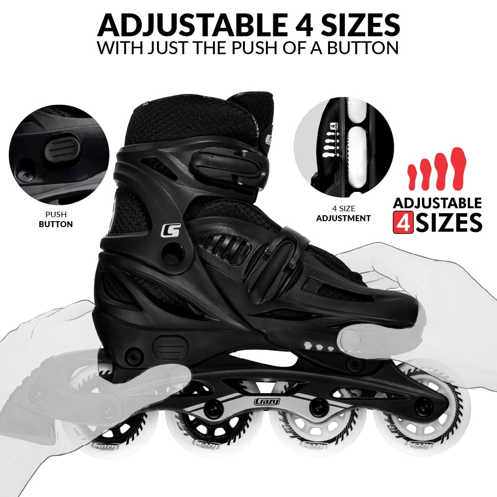 Crazy Skates Adjustable Inline Skates for Girls and Boys - Adjust to fit 4 Sizes