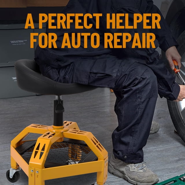 Resistente-Resistente Mechanic con Ruedas Stool 360° Swivel Ruedas Ajustable Altura 23-27cm Acolchado Seat & Backrest Double Mesh Frame Tool Bandejas Almacenamiento 300 lbs Capacity Ideal Para...