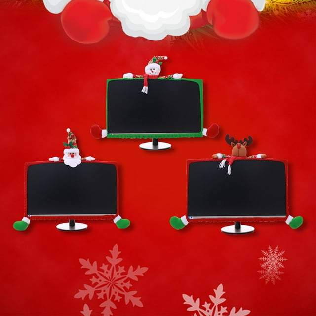 Cagogo under $5 3Pcs Christmas Monitor Cover, Christmas Computer Monitor Cover,Elastic TV Monitor Border Decor,Santa Snowman Reindeer Pattern,Festive Office Computer Decoration