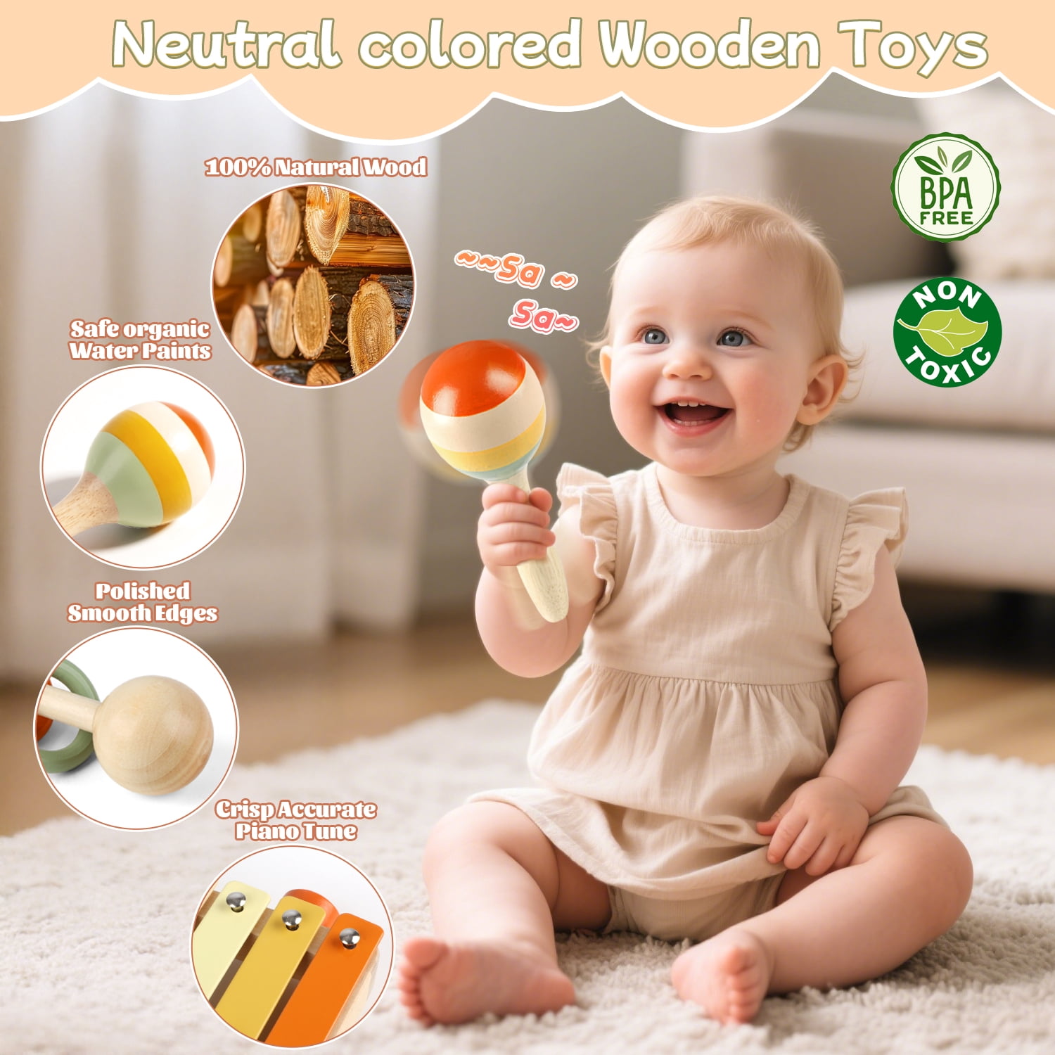 Carsky 7-in-1 Wooden Baby Music Toy Kit, Rattles, Xylophone, Beads Maze & More, Educational Sound Activity Set for Infants Toddlers 1-3