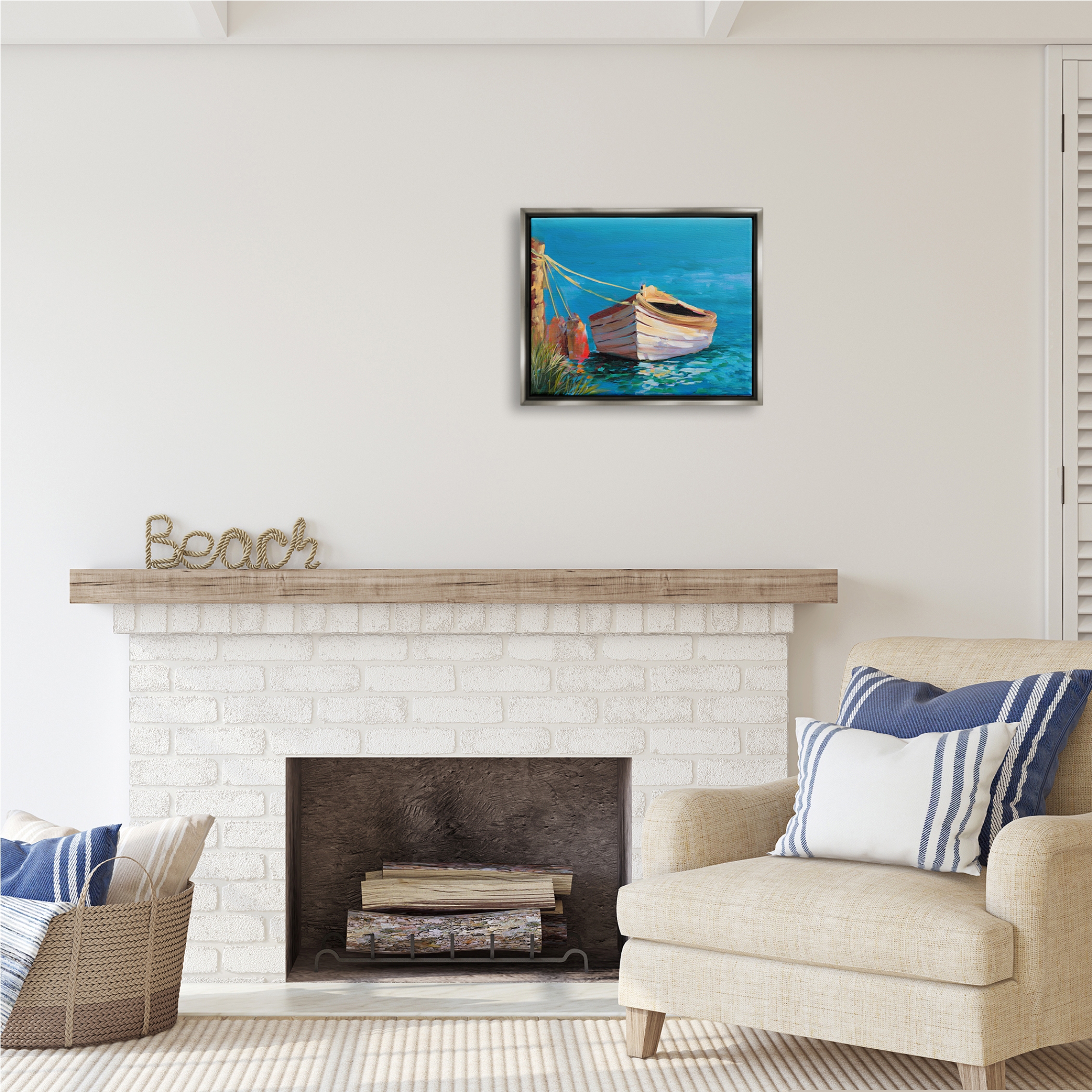 Stupell Industries Docked Boat in Lake Transportation Painting Gray Floater Framed Art Print Wall Art, 21 x 17
