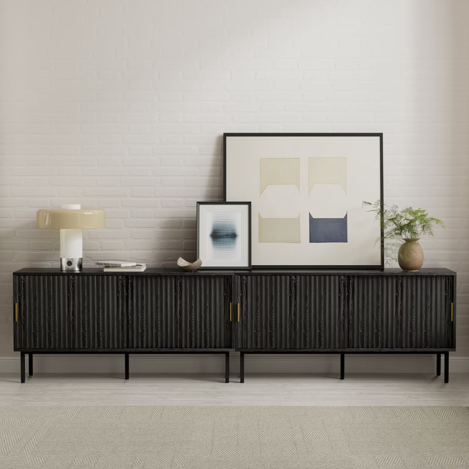 EYYTHUNG Fluted TV Stand with Sliding Doors, 47" Mid Century Entertainment Center with Adjustable Shelf, Wooden Media TV Console with Storage Cabinet, Black