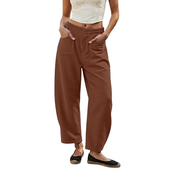 Costeam Womens Barrel Cropped Cargo Pants Double Knee Stitch Detail Side Slip Pockets Full Drawstring Elastic High Waist Lightweight Loose Ankle Length Utility Casual Trousers