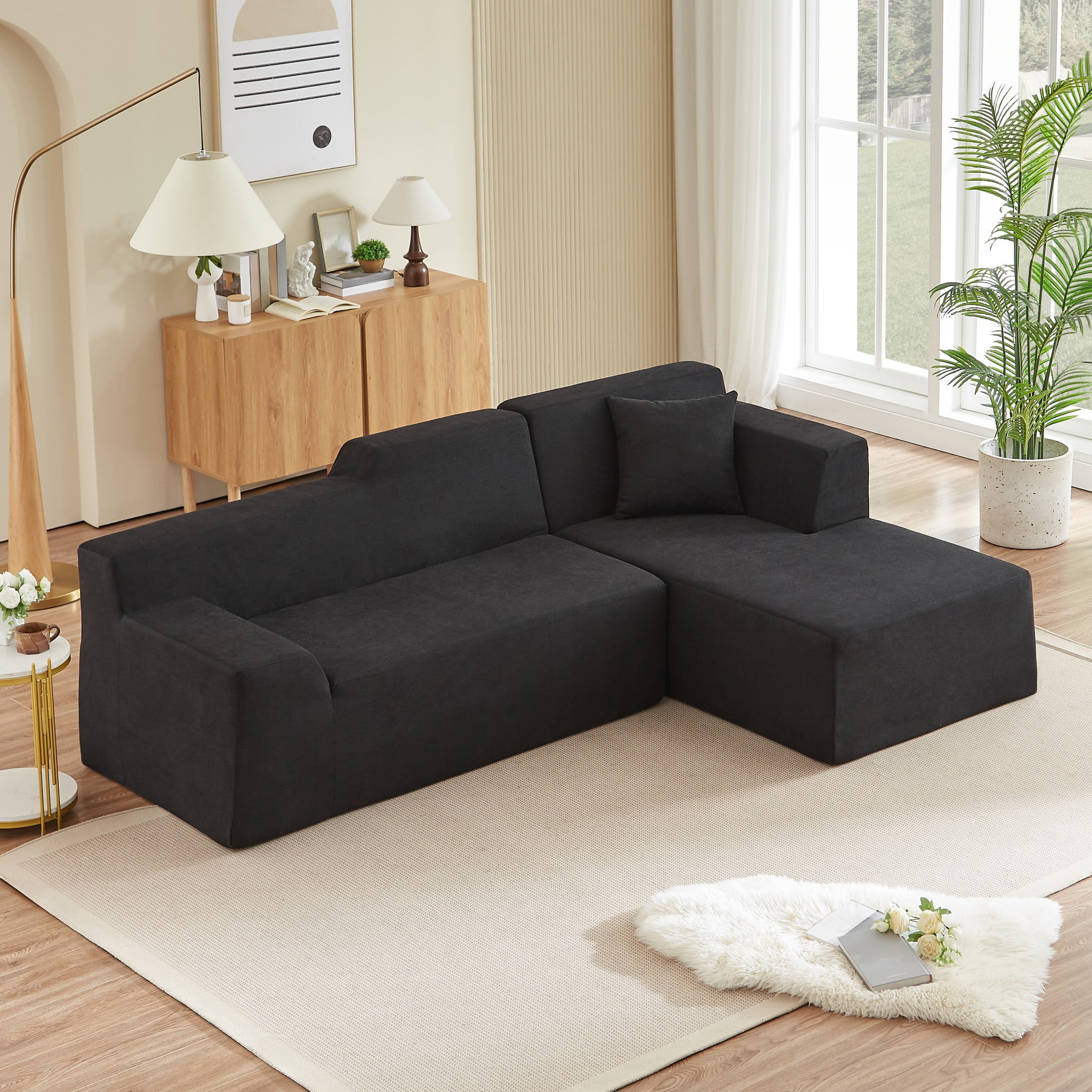 Aukfa 96" Modular Sectional Sofa, L-Shaped Cloud Couch with Right Facing Chaise, Corduroy 3-Seat Memory Foam Sofa for Living Room, Black