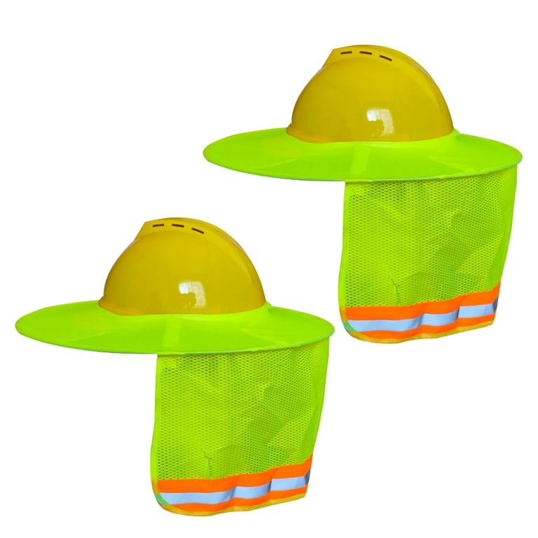 2 Pcs Fluorescent Colors Hard Hat for Sun Shield Full Brim Mesh Neck  Sunshade with Reflective Strips for Ourdoor Worker 