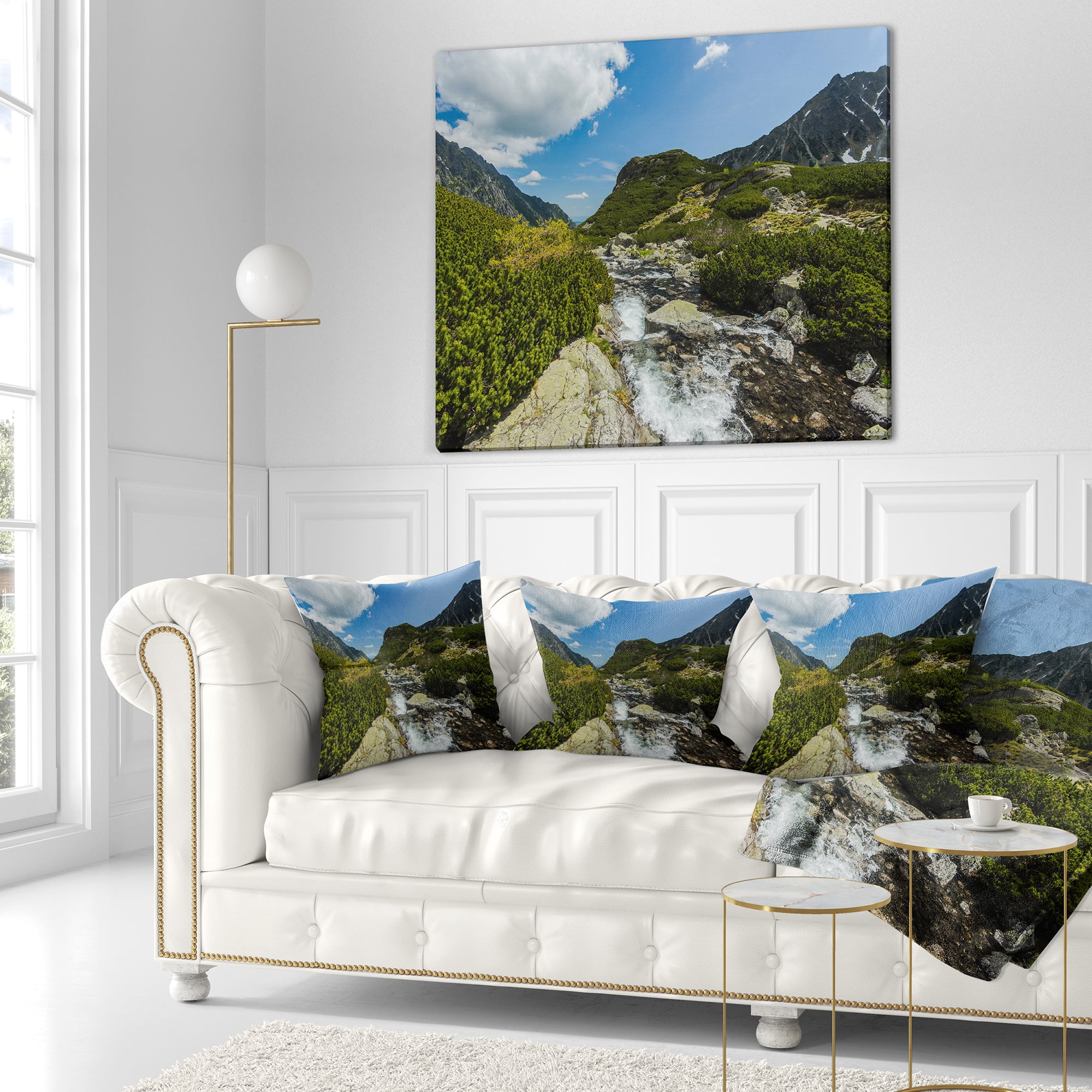 Designart Alpine Stream in High Mountains - Landscape Printed Throw Pillow - 16x16