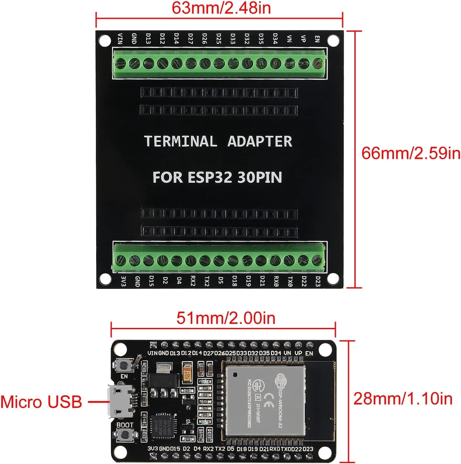 2 Sets ESP-WROOM-32 ESP32 ESP-32S Development Board CP2102 WiFi Bluetooth Ultra-Low Power Dual Core ESP32-DevKitC-32 ESP-WROOM-32 with ESP32 Breakout Board Shield GPIO 1 into 2 for Arduino