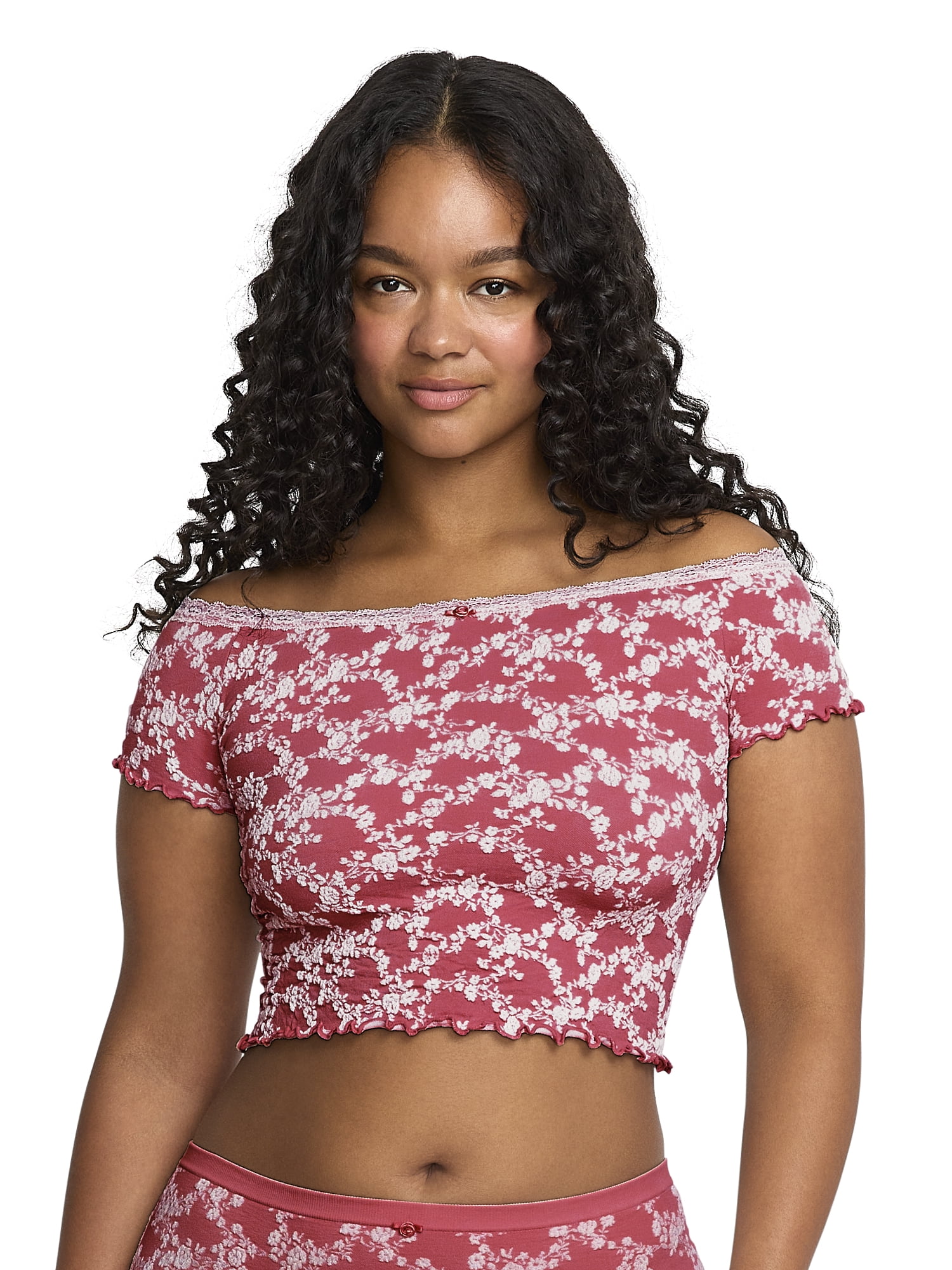 Mills by Millie Bobby Brown Women's Floral Seamless Off-Shoulder Crop Top, Sizes XS-XXXL