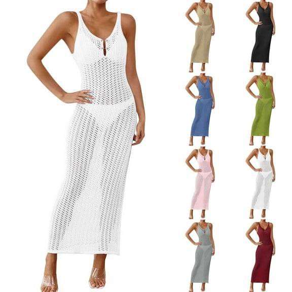 pstuiky Womens Swim Cover up, Women Solid Color Sleeveless Loose Beach Cover Up Dress Sun Protection Hollow Out Bikini Swimwear Shirt for Summer Outdoor Vacation Black L