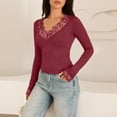 thumbnail image 5 of Stichou Womens Long Sleeve Shirts Spring Fashion Lace V Neck Loose Fit Casual Tops Trendy T Shirts Outfits Clothes Wine XS, 5 of 5