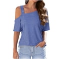 thumbnail image 2 of FRSASU Womens Summer Cold off Shoulder Tops Solid Color Casual Cute Short Sleeve Round Neck Loose Fit T Shirts Blouse Blue, 2 of 8