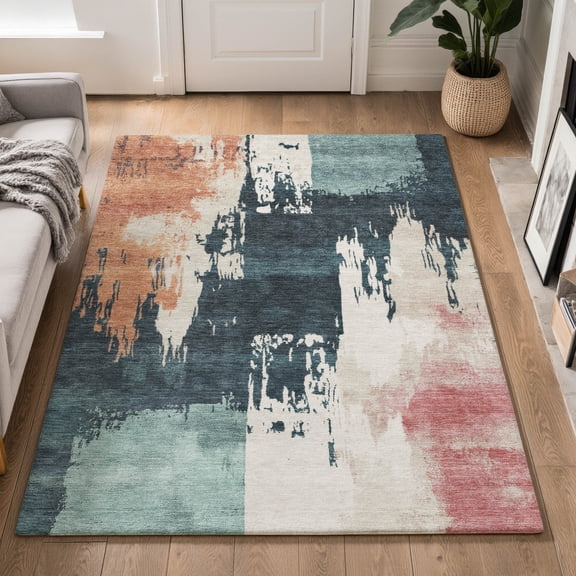 Addison Rugs Mayfield Premium Machine Washable Contemporary Abstract Teal Rectangle Rug, 10' x 14'