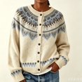 thumbnail image 2 of Textilo Fair Isle Sweaters for Women Long Sleeve Crewneck Button Up Sweater Ribbed Knit Geometric Pattern Coat Trendy Fall Winter Cute Fashion Lightweight Outfits,Beige M, 2 of 7