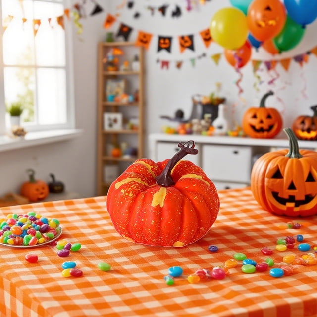 Adorno de Calabaza para Halloween y Acción de Gracias | Decoración Otoñal de Plástico | Figura de Calabaza Naranja y Blanca de 14 Cm | Decoración de Mesa Duradera para Interiores y Exteriores | Centr
