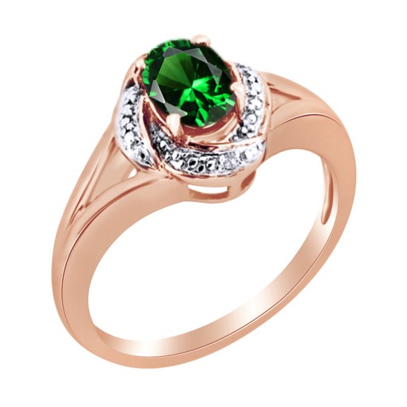 AFFY Simulated Green Emerald & White Natural Diamond Engagement Ring in 14k Rose Gold Over Sterling Silver Ring Size - 4